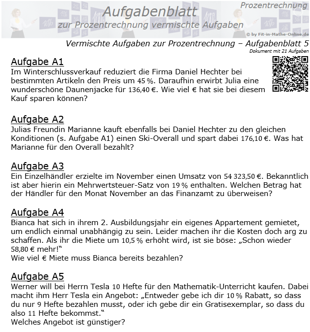 Vermischte Aufgaben der Prozentrechnung Aufgabenblatt 5 / © by Fit-in-Mathe-Online.de