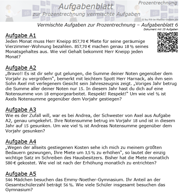 Vermischte Aufgaben der Prozentrechnung Aufgabenblatt 6 / © by Fit-in-Mathe-Online.de