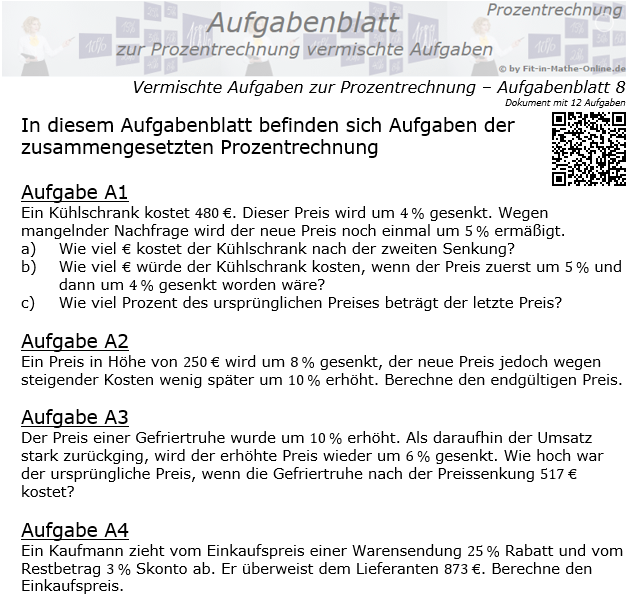 Zusammengesetzte Aufgaben der Prozentrechnung Aufgabenblatt 8 / © by Fit-in-Mathe-Online.de