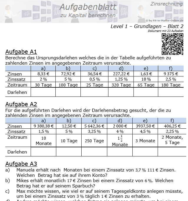 Kapital berechnen in der Zinsrechnung Aufgabenblatt 1/2 / © by Fit-in-Mathe-Online.de
