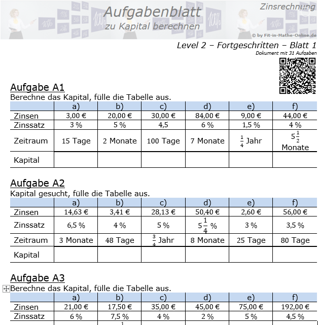 Kapital berechnen in der Zinsrechnung Aufgabenblatt 2/1 / © by Fit-in-Mathe-Online.de