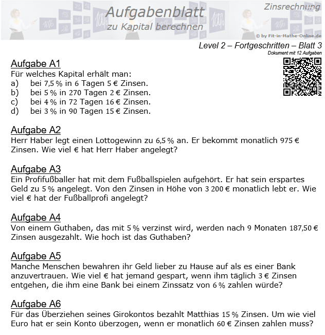 Kapital berechnen in der Zinsrechnung Aufgabenblatt 2/3 / © by Fit-in-Mathe-Online.de