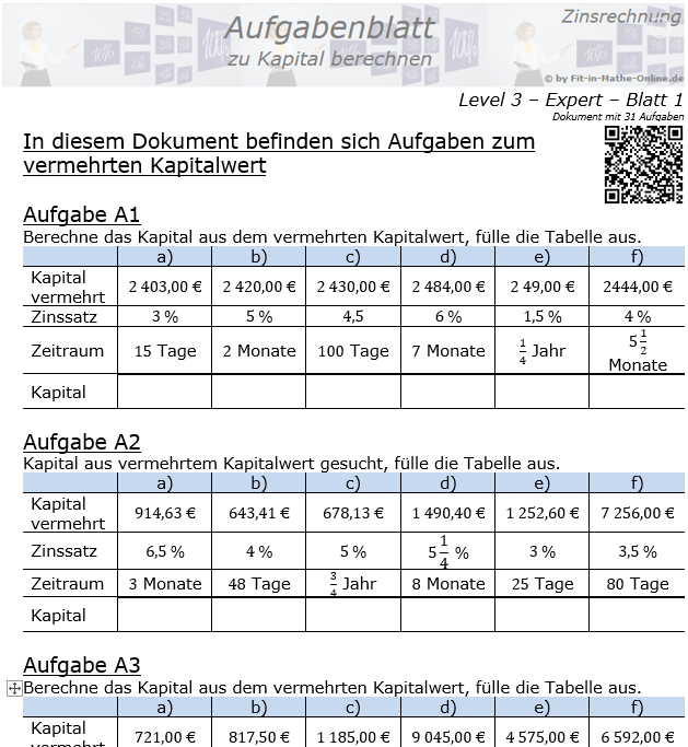 Kapital berechnen in der Zinsrechnung Aufgabenblatt 3/1 / © by Fit-in-Mathe-Online.de