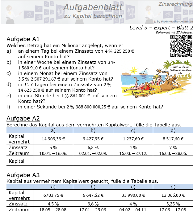 Kapital berechnen in der Zinsrechnung Aufgabenblatt 3/2 / © by Fit-in-Mathe-Online.de
