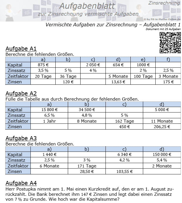 Vermischte Aufgaben der Zinsrechnung Aufgabenblatt 1 / © by Fit-in-Mathe-Online.de