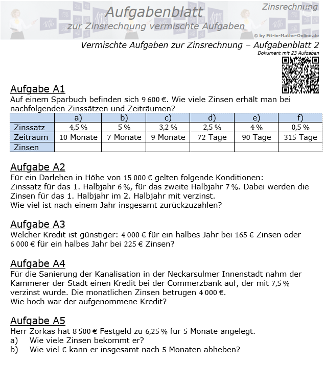 Vermischte Aufgaben der Zinsrechnung Aufgabenblatt 2 / © by Fit-in-Mathe-Online.de