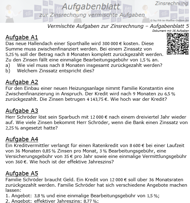Vermischte Aufgaben der Zinsrechnung Aufgabenblatt 5 / © by Fit-in-Mathe-Online.de