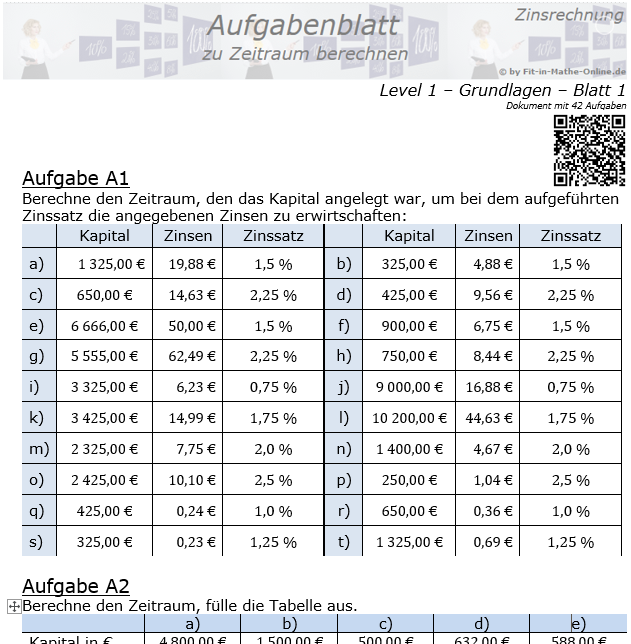 Zeitraum berechnen in der Zinsrechnung Aufgabenblatt 1/1 / © by Fit-in-Mathe-Online.de