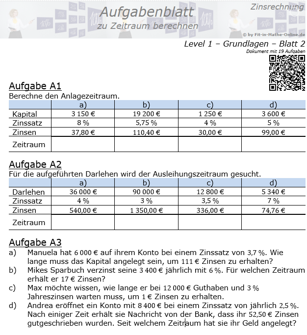 Zeitraum berechnen in der Zinsrechnung Aufgabenblatt 1/2 / © by Fit-in-Mathe-Online.de