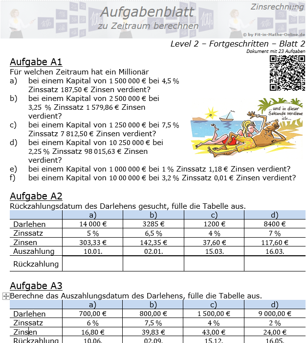Zeitraum berechnen in der Zinsrechnung Aufgabenblatt 2/2 / © by Fit-in-Mathe-Online.de