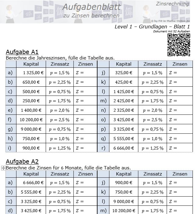 Zinsen berechnen in der Zinsrechnung Aufgabenblatt 1/1 / © by Fit-in-Mathe-Online.de