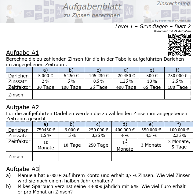 Zinsen berechnen in der Zinsrechnung Aufgabenblatt 1/2 / © by Fit-in-Mathe-Online.de