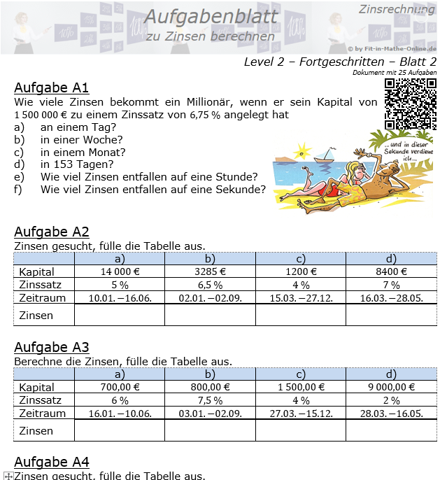Zinsen berechnen in der Zinsrechnung Aufgabenblatt 2/2 / © by Fit-in-Mathe-Online.de