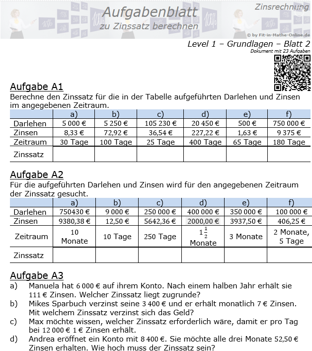 Zinssatz berechnen in der Zinsrechnung Aufgabenblatt 1/2 / © by Fit-in-Mathe-Online.de