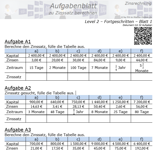 Zinssatz berechnen in der Zinsrechnung Aufgabenblatt 2/1 / © by Fit-in-Mathe-Online.de