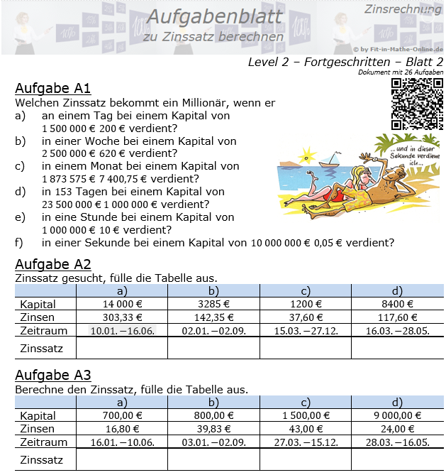 Zinssatz berechnen in der Zinsrechnung Aufgabenblatt 2/2 / © by Fit-in-Mathe-Online.de