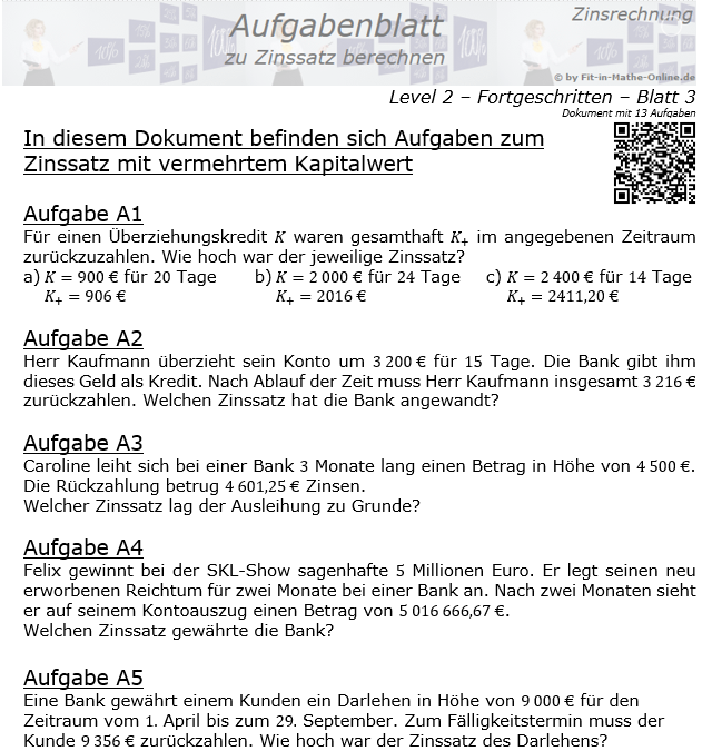 Zinssatz berechnen in der Zinsrechnung Aufgabenblatt 2/3 / © by Fit-in-Mathe-Online.de