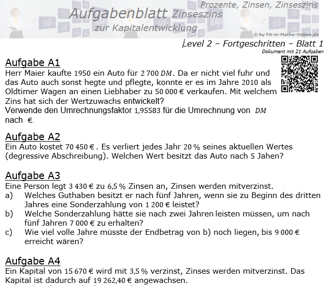 Kapitalentwicklung mit Zinseszinsen Aufgabenblatt 2/1 / © by Fit-in-Mathe-Online.de