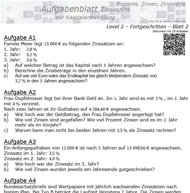 Kapitalentwicklung mit Zinseszinsen Aufgabenblatt 2/2 / © by Fit-in-Mathe-Online.de