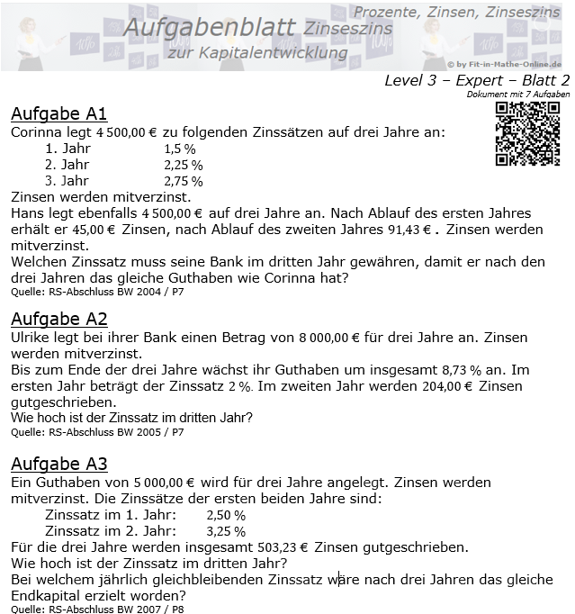 Kapitalentwicklung mit Zinseszinsen Aufgabenblatt 3/2 / © by Fit-in-Mathe-Online.de
