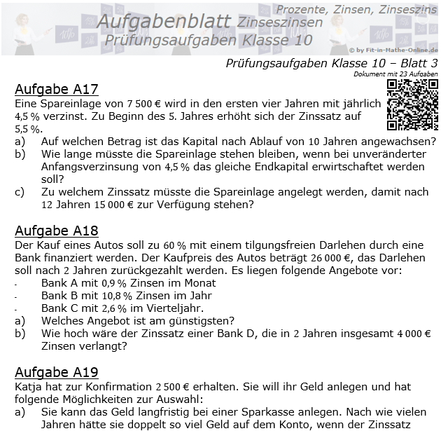 Prüfungsaufgaben mit Zinseszinsen Aufgaben 17 - 24 / © by Fit-in-Mathe-Online.de