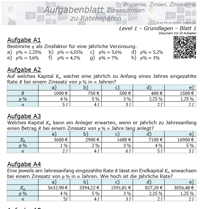 Ratensparen mit Zinseszinsen fester Zinssatz Aufgabenblatt 1/1 / © by Fit-in-Mathe-Online.de