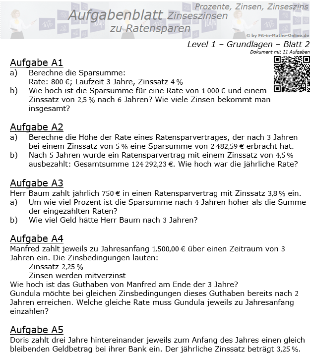 Ratensparen mit Zinseszinsen fester Zinssatz Aufgabenblatt 1/2 / © by Fit-in-Mathe-Online.de