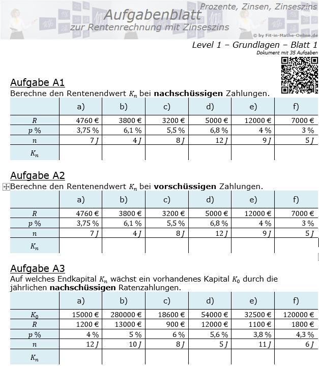 Rentenrechnung mit Zinseszinsen Aufgabenblatt 1/1 / © by Fit-in-Mathe-Online.de