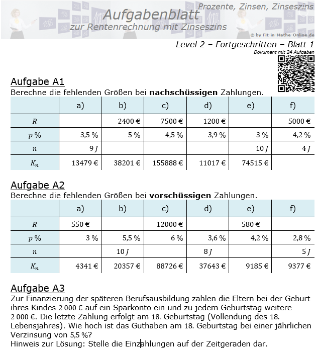Rentenrechnung mit Zinseszinsen Aufgabenblatt 2/1 / © by Fit-in-Mathe-Online.de