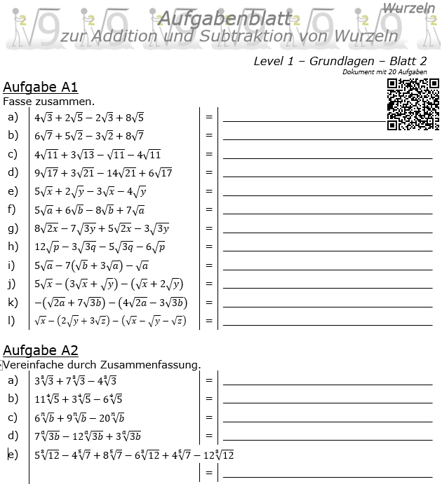Wurzel Addition und Subtraktion Aufgabenblatt 01 Grundlagen 1/2 / © by Fit-in-Mathe-Online.de