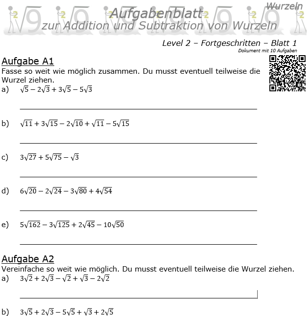 Wurzel Addition und Subtraktion Aufgabenblatt 01 Fortgeschritten 2/1 / © by Fit-in-Mathe-Online.de