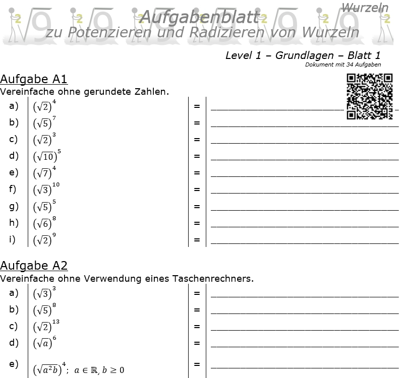 Wurzel Potenzitrn und Radizieren Aufgabenblatt 01 Grundlagen 1/1 / © by Fit-in-Mathe-Online.de