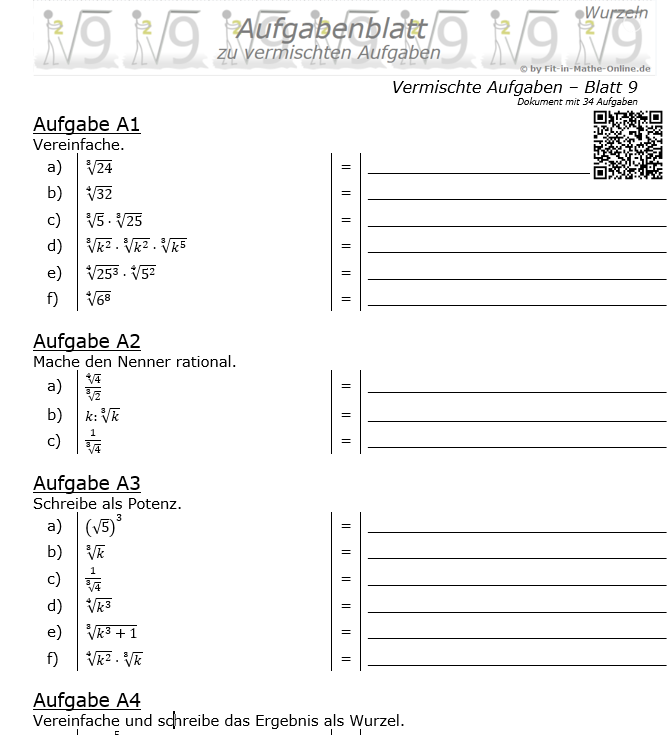 Vermischte Aufgaben mit Wurzeln Aufgabenblatt 9 / © by Fit-in-Mathe-Online.de