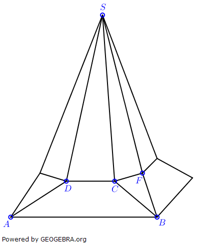 Das skizzierte Kirchturmdach hat eine quadratische Grundfläche. Die Vorderseite ist festgelegt durch die Punkte A(3|3|0), B(3|3|0), C(2|1|2), D(2|-1|2) sowie S(0|0|12). (Abitur-Musteraufgabe Mustersatz M03 Wahlteil Analytische Geometrie ab 2019 Aufgabe B1 Grafik 1/© by www.fit-in-mathe-online.de)