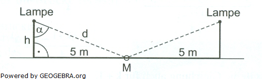 Zwei in gleicher Höhe h (h≤5) befestigte Lampen sollen einen  langen Abschnitt eines ebenen Spazierweges beleuchten (siehe Skizze). Für die Maßzahl  H  der Helligkeit in der Mitte  gilt: (Abitur allg. bildendes Gymnasium Wahlteilaufgaben Analysis 2009-21/© by www.fit-in-mathe-online.de)