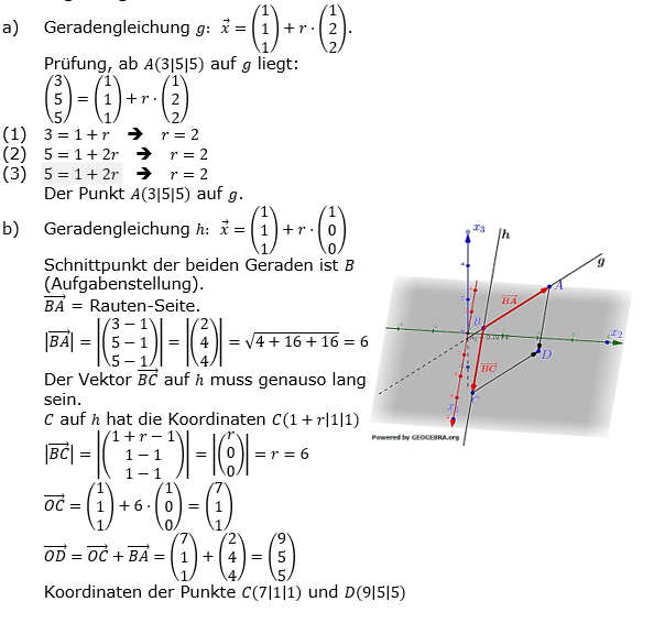 Lösung LK Pflichtteil Anlalytische Geometrie A4 / Teil2 Abitur BW 2023. (Grafik A23204L02 Abitur allg. bildendes Gymnasium Leistungskurs Pflichtteil Analysis 2023 Aufgabe 4 / Teil 2 / Bild 1)/© by www.fit-in-mathe-online.de)