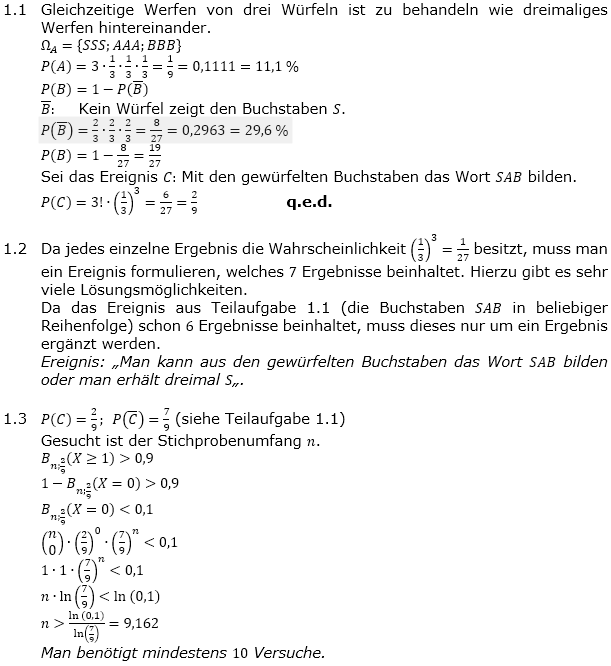 Abituraufgaben Berufsgymnasium Teil 3 mit Hilfmittel Stochastik Mustersatz 9 Lösung Bild 1/© by www.fit-in-mathe-online.de