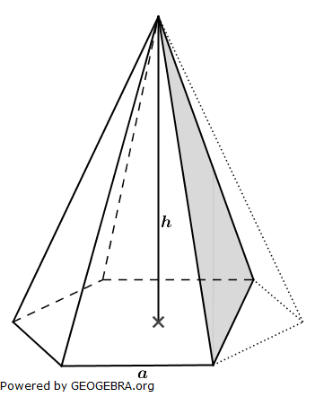 Von einer massiven regelmäßigen sechsseitigen Pyramide sind bekannt: (Realschulabschluss Besondere Pyramiden Aufgabengraphik Wahlteil W2a/2013/© by www.fit-in-mathe-online.de)