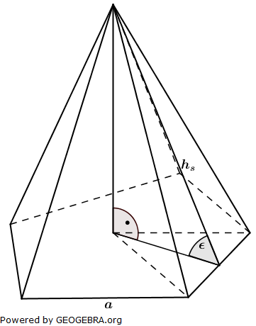 Von einer regelmäßigen fünfseitigen Pyramide sind gegeben: (Realschulabschluss Besondere Pyramiden Aufgabengraphik Pflichtteil P5/2004/© by www.fit-in-mathe-online.de)
