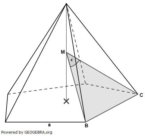In einer regelmäßigen fünfseitigen Pyramide liegt das gleichschenklige Dreieck BCM. (Realschulabschluss Besondere Pyramiden Aufgabengraphik Wahlteil W2a/2019/© by www.fit-in-mathe-online.de)