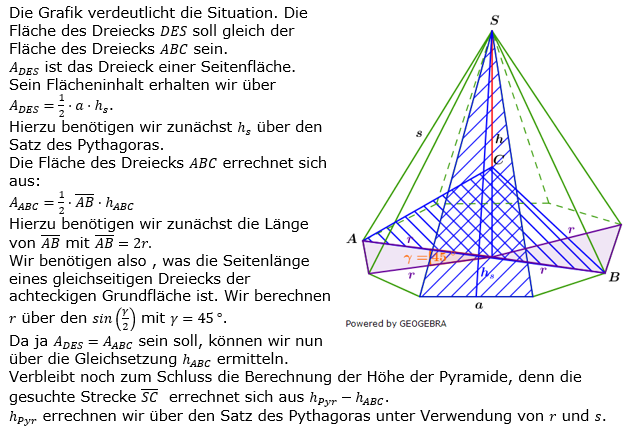 In einer regelmäßigen fünfseitigen Pyramide liegt das gleichschenklige Dreieck BCM. (Realschulabschluss Besondere Pyramiden Lösungsgraphik Logik Wahlteil W2a/2020/© by www.fit-in-mathe-online.de)