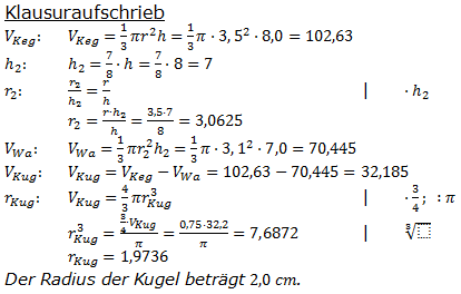 Realschulabschluss Kreiskegel Kugel Lösung Wahlteilaufgabe W4b/2007 Bild 2/© by www.fit-in-mathe-online.de