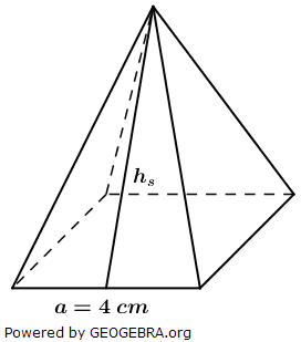 Gegeben ist ein Würfel mit der Kantenlänge a=4 cm und eine quadratische Pyramide (s. Abb.). (Realschulabschluss Pflichtteil A1 (ohne Hilfsmittel) Mustersatz 1 Aufgabengraphik M01A401/© by www.fit-in-mathe-online.de)