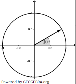 Es gilt: sin⁡(30°)=0,5. Ermittle mithilfe des abgebildeten Einheitskreises einen weiteren Winkel , für den ebenso gilt: sin⁡(α)=0,5 (Realschulabschluss Pflichtteil A1 (ohne Hilfsmittel) Mustersatz 5 Aufgabengraphik M02A501/© by www.fit-in-mathe-online.de)