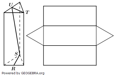 Die Abbildung zeigt das Schrägbild und das Netz eines gleichseitigen Dreiecksprismas. Die Punkte R und U halbieren jeweils die Dreieckseiten. Übertrage den Streckenzug RSUT in das Netz des Prismas. (Realschulabschluss Pflichtteil A1 (ohne Hilfsmittel) Mustersatz 2 Aufgabengraphik M02A601/© by www.fit-in-mathe-online.de)