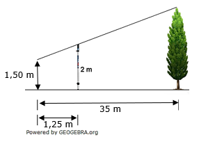 Die Spitze eines Baums wird aus einer Höhe von 1,5 m über eine 2 m hohe Messlatte anvisiert. (Realschulabschluss Pflichtteil A1 (ohne Hilfsmittel) Mustersatz 4 Aufgabengraphik M04A202/© by www.fit-in-mathe-online.de)