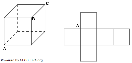 Markiere im Netz des abgebildeten Würfels die Stellen, die der Ecke B bzw. der Ecke C entsprechen. (Realschulabschluss Pflichtteil A1 (ohne Hilfsmittel) Mustersatz 5 Aufgabengraphik M05A701/© by www.fit-in-mathe-online.de)