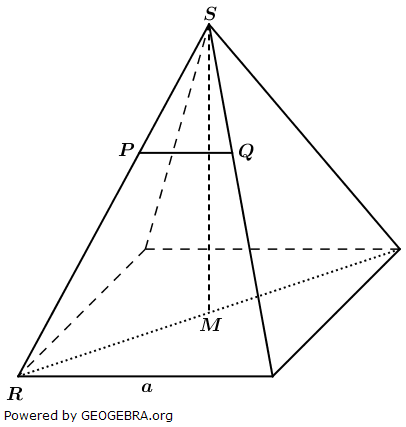 In der abgebildeten quadratischen Pyramide ist die Strecke PQ=1,5 cm parallel zur Grundkante a. (Realschulabschluss Pflichtteil A1 (ohne Hilfsmittel) Mustersatz 6 Aufgabengraphik M06A301) In der abgebildeten quadratischen Pyramide ist die Strecke PQ=1,5 cm parallel zur Grundkante a. (Realschulabschluss Pflichtteil A1 (ohne Hilfsmittel) Mustersatz 6 Aufgabengraphik M06A301/© by www.fit-in-mathe-online.de)