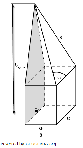 Ein zusammengesetzter Körper besteht aus einem quadratischen Prisma mit aufgesetzter quadratischer Pyramide. Dieser zusammengesetzte Körper wurde durch einen Parallelschnitt halbiert. Die Schnittfläche AS ist grau eingefärbt. (Realschulabschluss Zusammengesetzte Körper Aufgabengraphik Pflichtteilaufgabe A2/2023/© by www.fit-in-mathe-online.de)