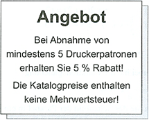 Eine Schule nutzt das Angebot und kauft fünf Druckerpatronen. (Preise, Preisbewegungen P8/2004/© by www.fit-in-mathe-online.de).